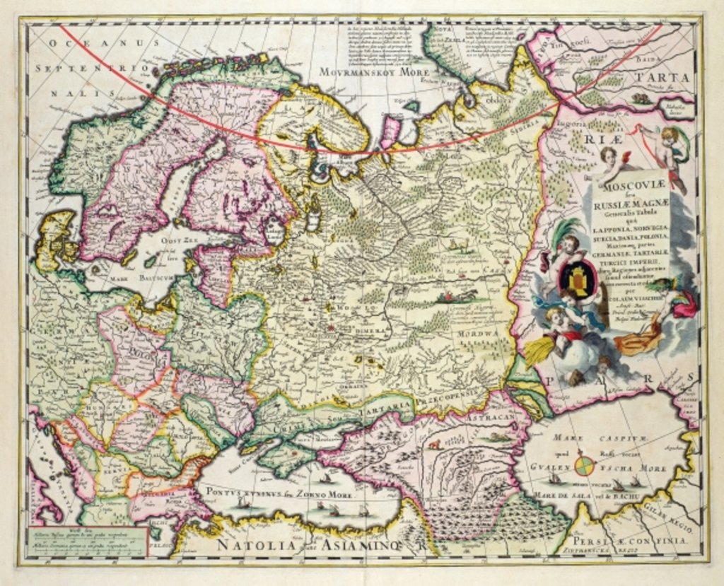 Detail of Map of Asia Minor showing Norway, Sweden, Denmark, Lapland, Poland, Turkey, Russia and the Moscow region, c.1626 by Nicolaes Jansz Visscher