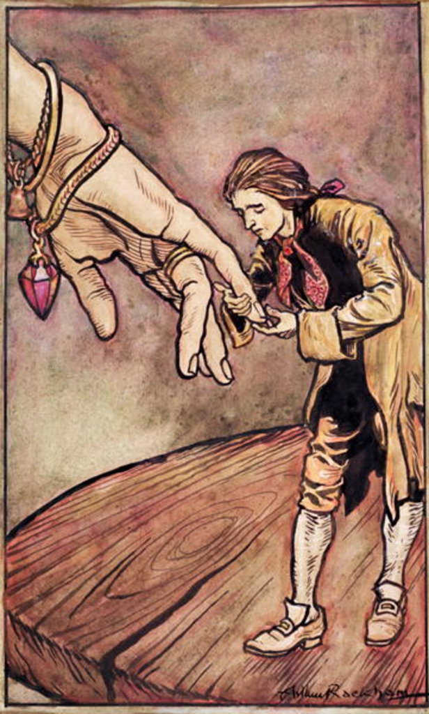 Detail of Original watercolour illustration for 'Gulliver's Travels' by Swift, Gulliver in Brobdingnag, 1909 by Arthur Rackham