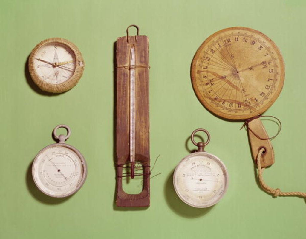 Detail of Scott's compass, thermometer, sundial, barometer and altitude scale used on Antarctic expedition, 1910-12 by Anonymous