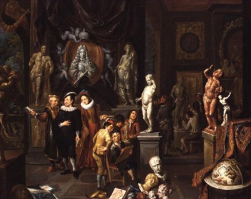 Detail of An Elegant Couple Visiting a Sculpture Gallery, with an Artist Sketching and a Sculptor at Work Beyond by Balthasar van den Bossche