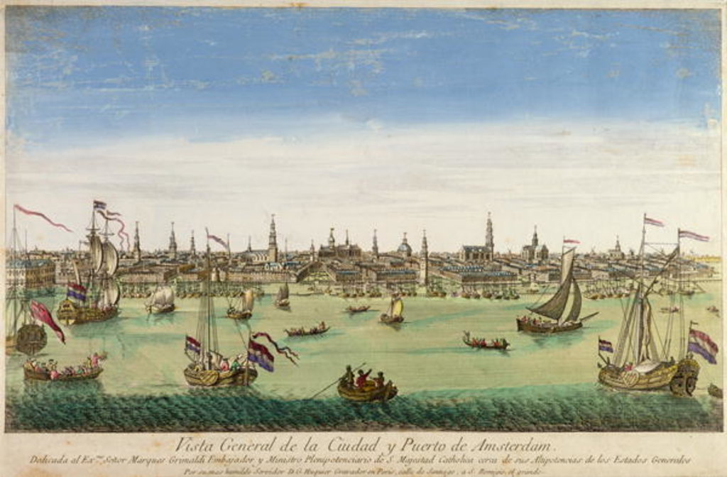 Detail of A General View of the Port and Town of Amsterdam, engraving by D.G. Hucquier, 16th century by Dutch School