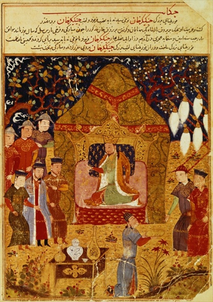 Detail of Temujin has himself proclaimed Genghis Khan, his sons Ogodei and Jochi to the right by Persian School