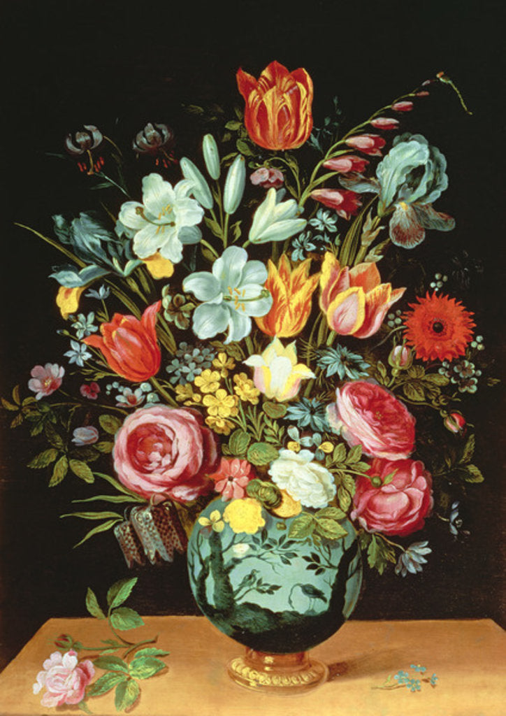 Detail of A Still Life of Flowers in a Porcelain Vase Resting on a Ledge by Phillipe de Marlier