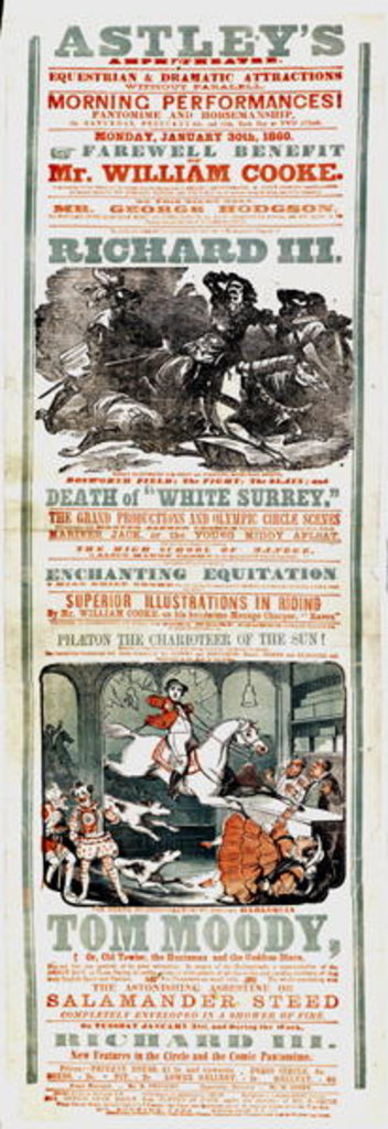 Detail of Astley's Circus poster advertising the Farewell Benefit of Mr. William Cooke, January 30th, 1860 by English School