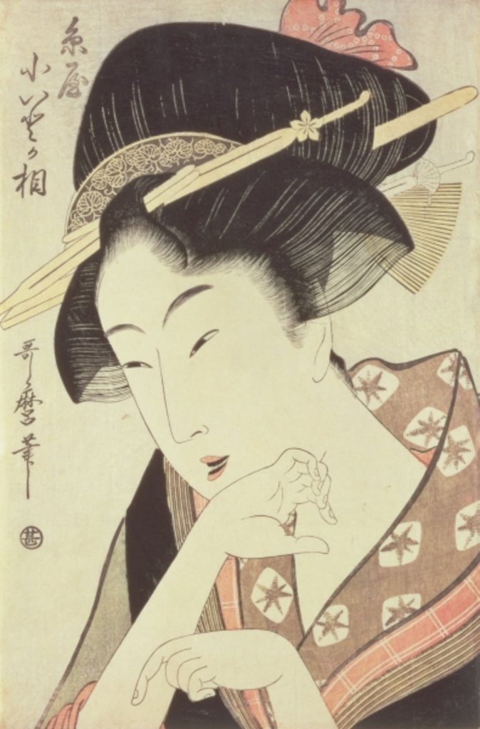 Detail of Bust portrait of the heroine Kioto of the Itoya, 18th century by Kitagawa Utamaro