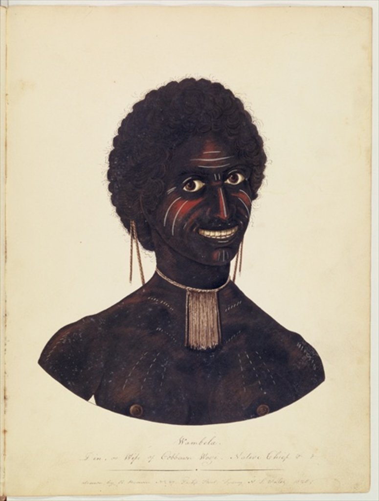 Detail of Wambela, wife of Cobbawn Wogi, native chief of Port Stephen, NSW, 1820 by Richard Browne