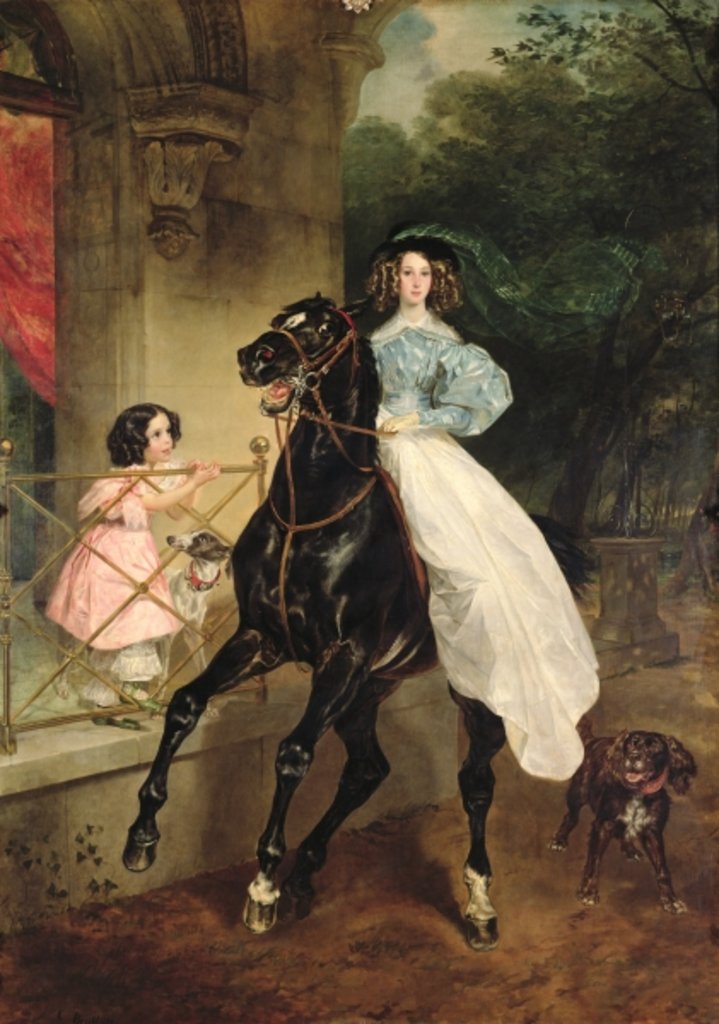 Detail of The Horsewoman, Portrait of Giovanina and Amacilia Paccini, wards of Countess Samoilova, 1832 by Karl Pavlovich Bryullov