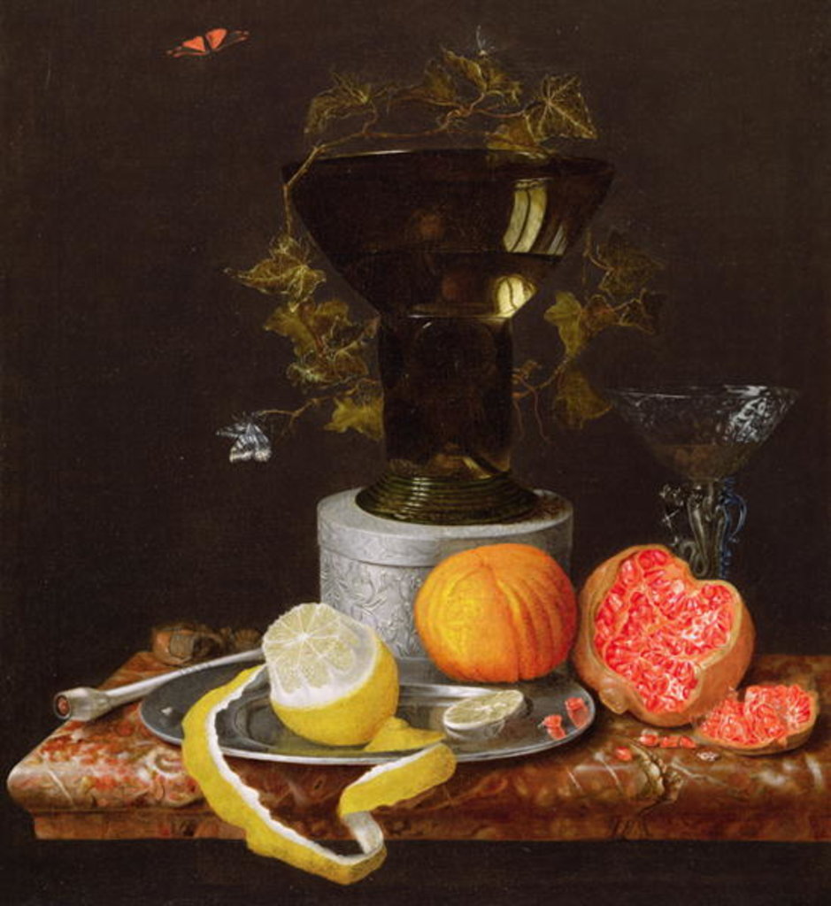Detail of A Still Life with a Glass and Fruit on a Ledge by Wilhelm Ernst Wunder