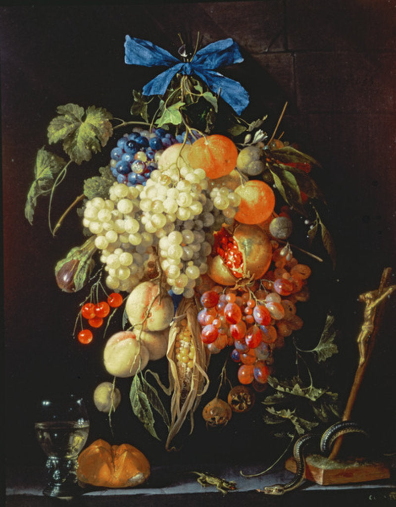 Detail of Bouquet of Fruit with Eucharistic Symbols on a Ledge Below by Cornelis de Heem