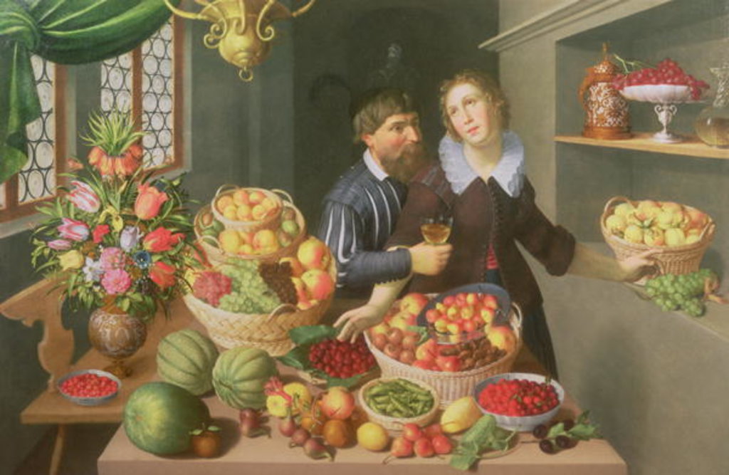 Detail of Man and Woman Before a Table Laid with Fruits and Vegetables by Georg Flegel