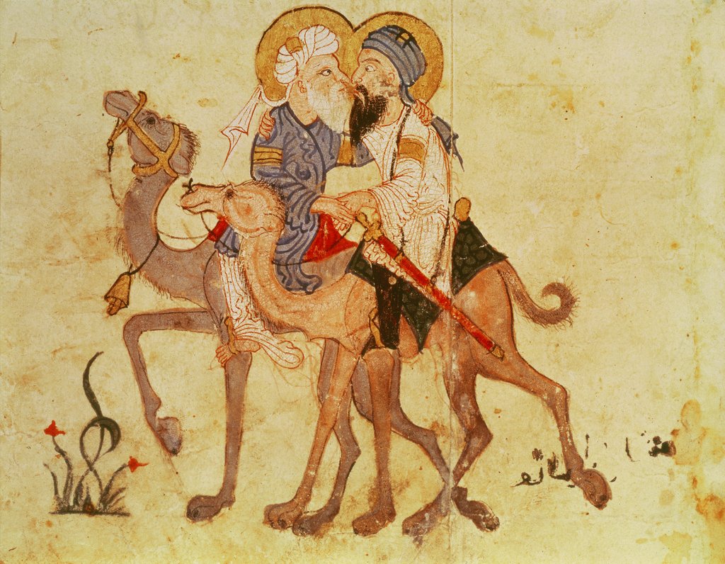 Detail of Ms Ar 3929 f.122, Farewells of Abu-Zayd and Al-Harith before the return to Mecca by Persian School