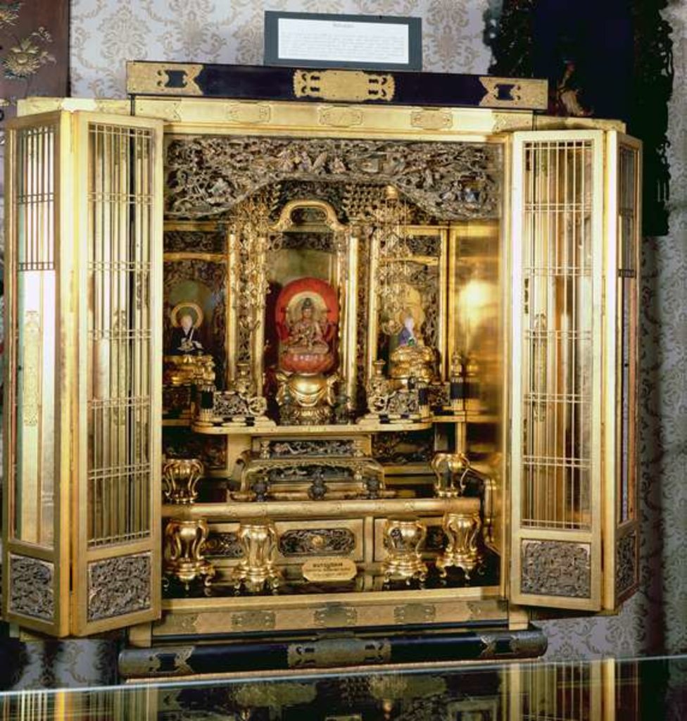 Detail of Butsudan shrine from a Daimyo's palace at Kyoto, contains a representation of a temple with graduated pagoda roof by School Japanese