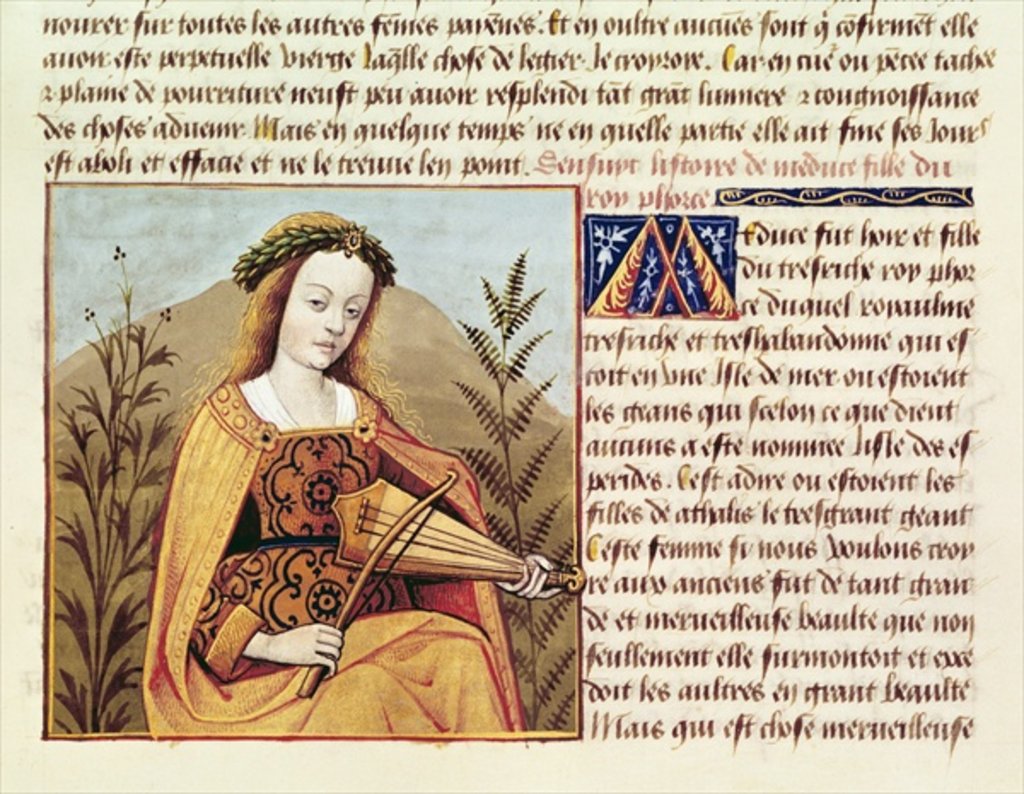 Detail of Fr 599 f.19 Woman playing a viol, from `Des Cleres et Nobles Femmes' by School French