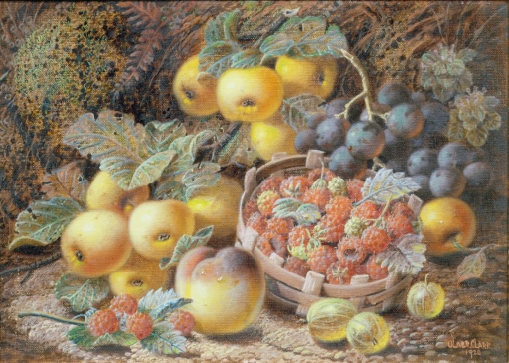 Detail of Still Life of Apples, Grapes, Raspberries, Gooseberries and Peach by Oliver Clare