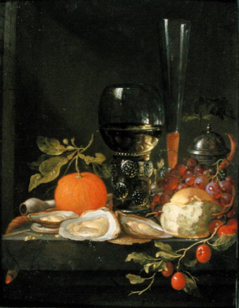 Detail of Still Life of Oysters, Grapes, Bread and Glasses on a Ledge by Jacob van Walscapelle