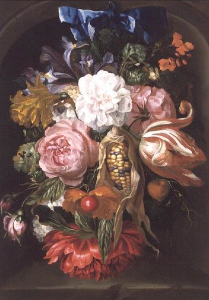 Detail of A Still Life Of A Corncob, Roses, A Parrot Tulip, Irises, And Other Flowers Suspended From A Blue Ribbon, In A Stone Niche by Ernst Stuven