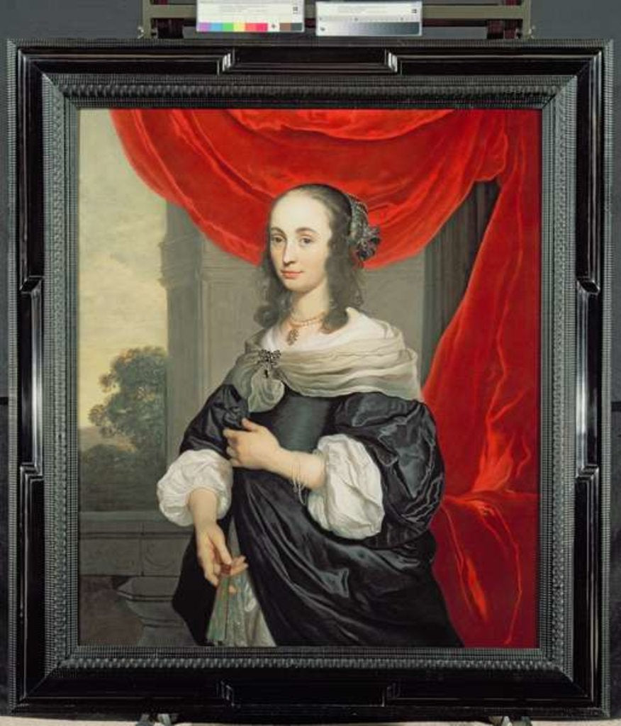 Detail of Portrait of a Lady, standing three-quarter length, holding a fan by Jacob or Jacques van Loo