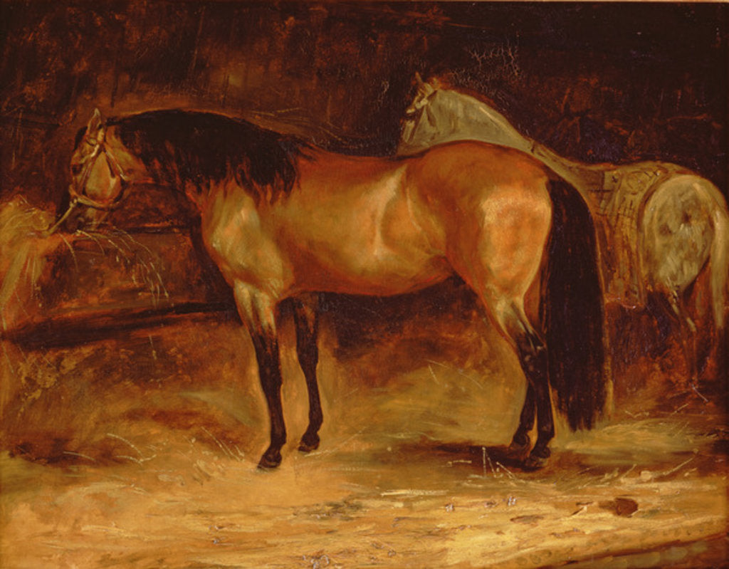 Detail of A Bay Horse at a manger, with a grey horse in a rug by Theodore Gericault