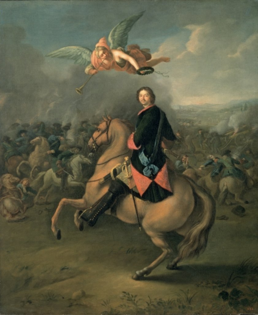 Detail of Portrait of Peter the Great against a background of the Battle of Poltava by Gottfried Danhauer