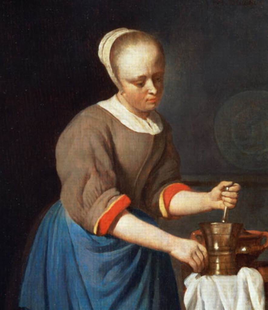 Detail of Young girl with a pestle and mortar by Gabriel Metsu
