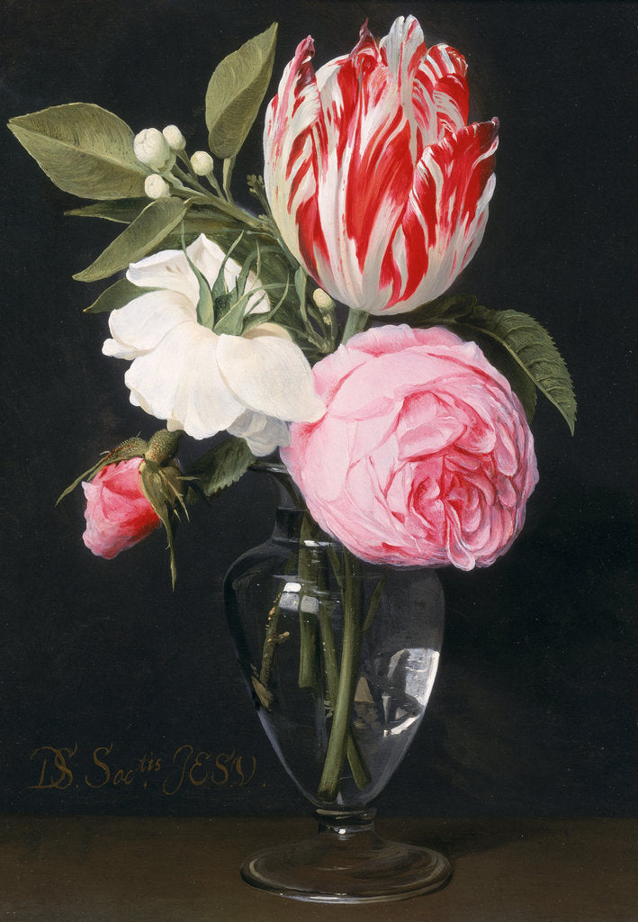 Detail of Flowers in a glass vase by Daniel Seghers