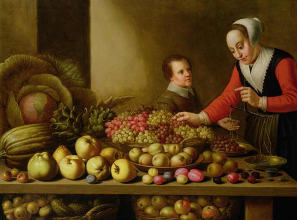 Detail of Girl selling grapes from a large table laden with fruit and vegetables by Floris van Schooten