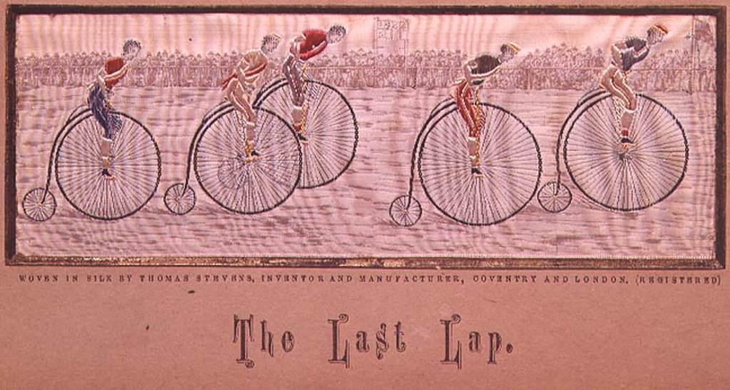 Detail of The Last Lap, Penny Farthing Race woven silk Stevengraph, by Thomas Stevens of Coventry, 1872 by Anonymous