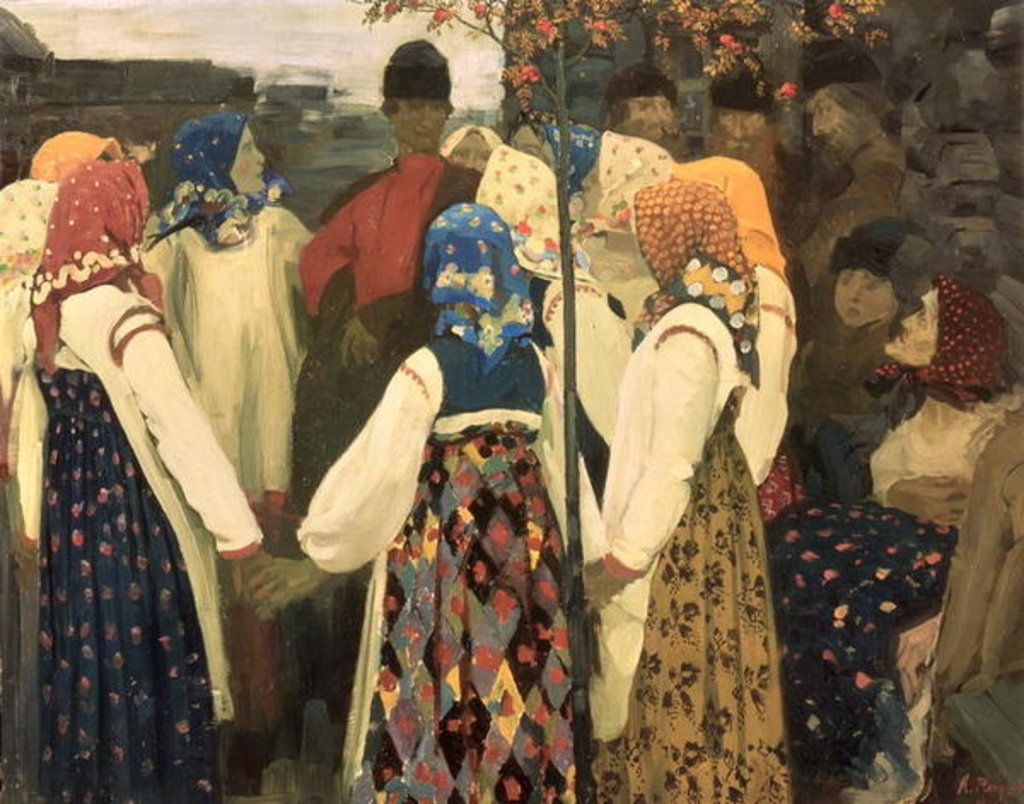 Detail of A lad has wormed his way into the girl's round dance, 1902 by Andrei Petrovich Ryabushkin