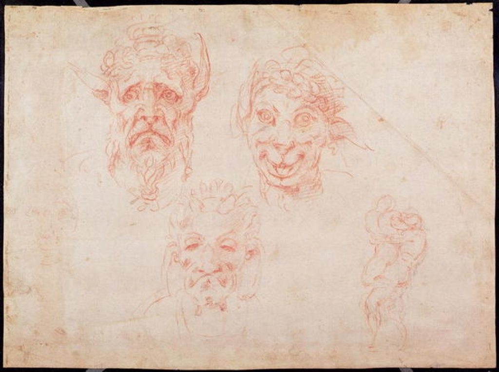 Detail of W.33 Sketches of satyrs' faces by Michelangelo Buonarroti