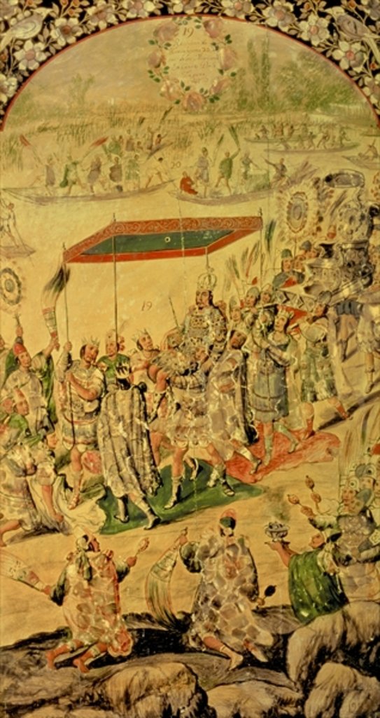 Detail of One of a pair of panels depicting the encounter between Hernando Cortes and Montezuma: Montezuma and his followers, 1698 by Miguel and Juan Gonzalez