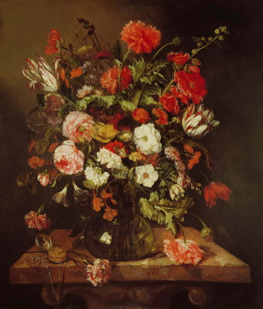 Detail of Flower Still Life with a Timepiece, c.1663-65 by Abraham Hendricksz van Beyeren