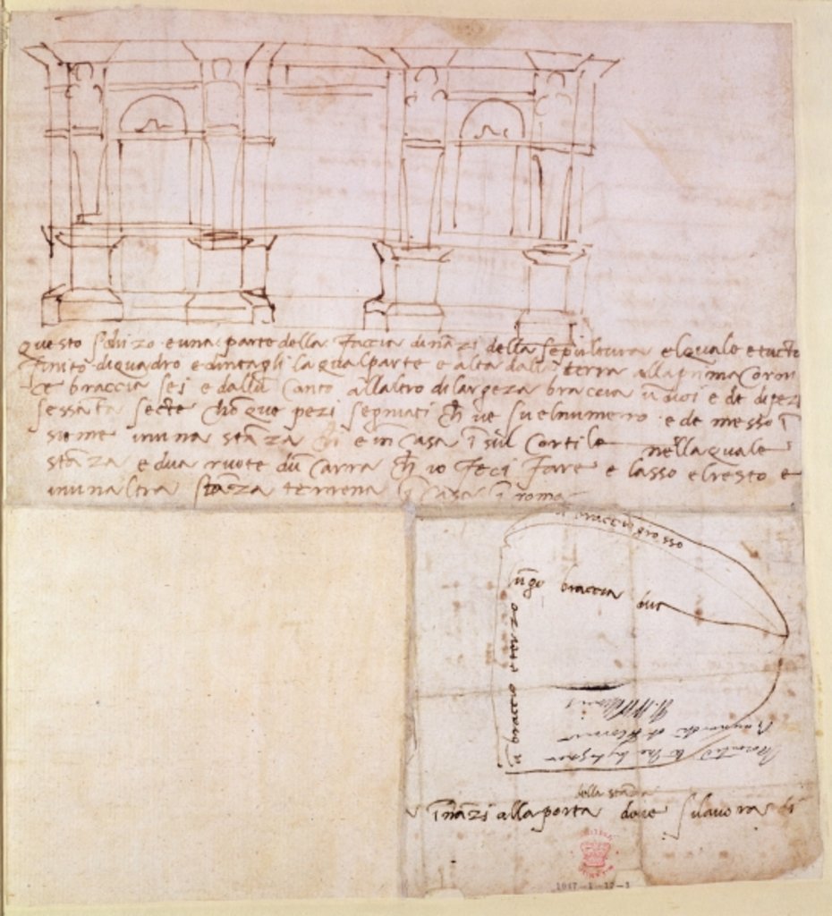 Detail of W.23r Architectural sketch with notes by Michelangelo Buonarroti