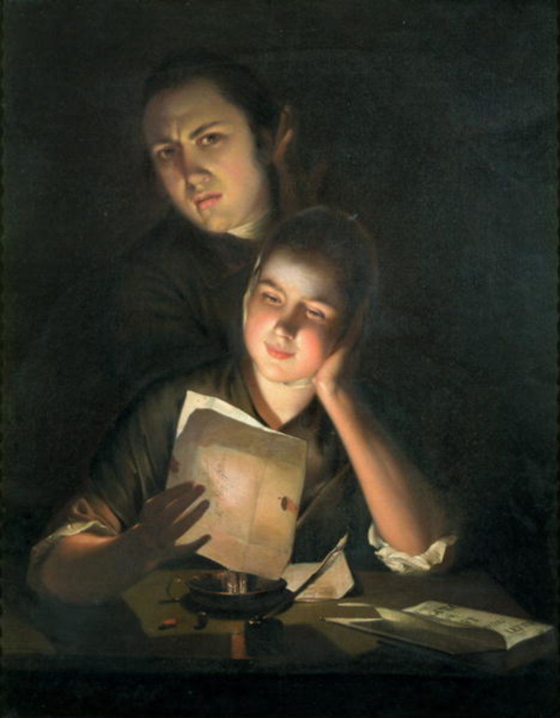 Detail of A Girl reading a letter by Candlelight, with a Young Man peering over her shoulder, c.1760-2 by Joseph Wright of Derby