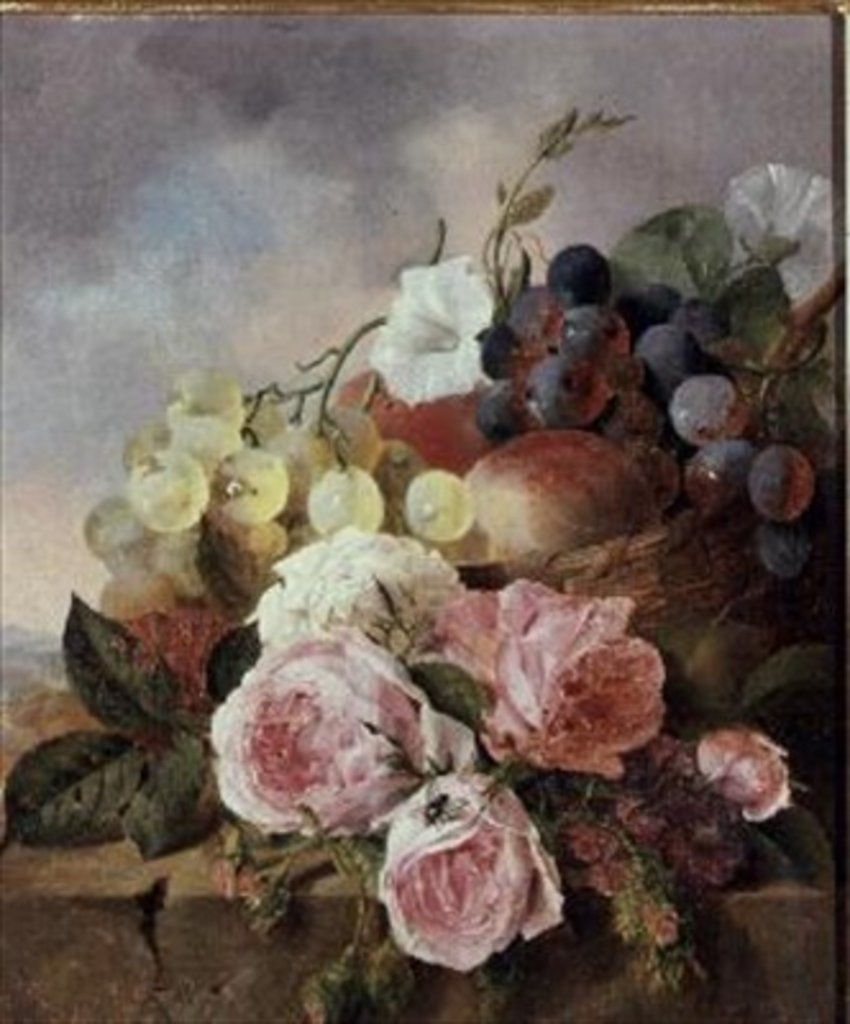 Detail of Still life of fruit and roses on a ledge by Edward Ladell