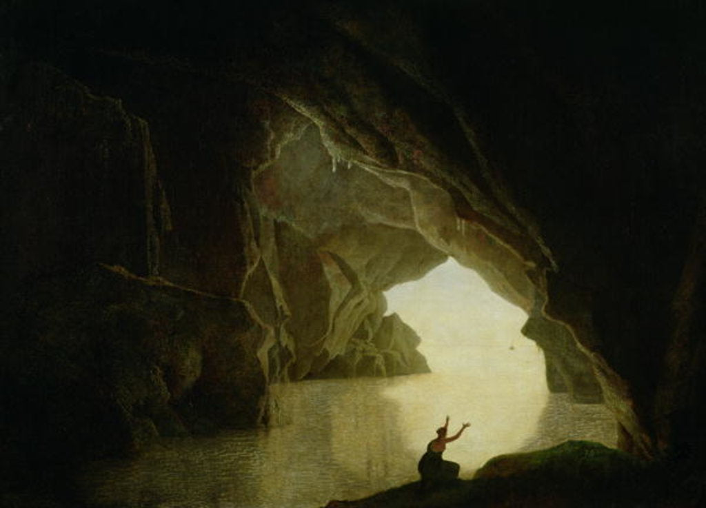 Detail of A Grotto in the Gulf of Salernum, with the figure of Julia, banished from Rome, exh. 1780 by Joseph Wright of Derby