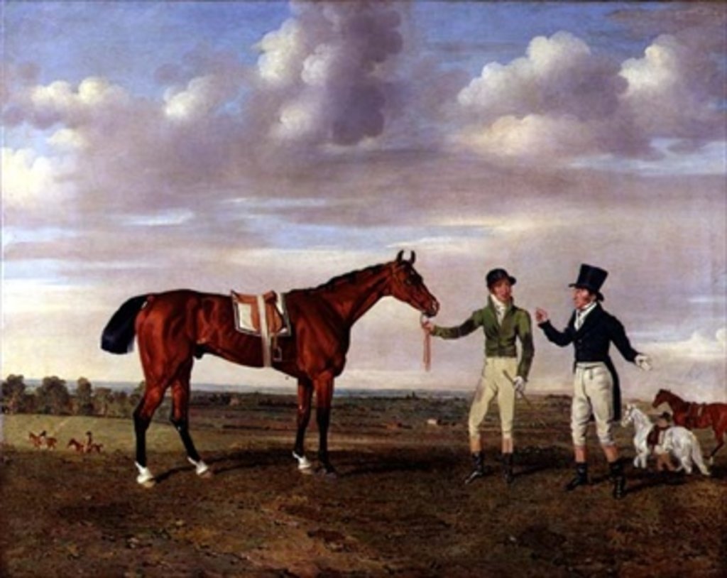 Detail of Zinganee held by Sam Chifney Junior with the owner Mr. William Chifney, at Newmarket, c.1829 by Benjamin Marshall