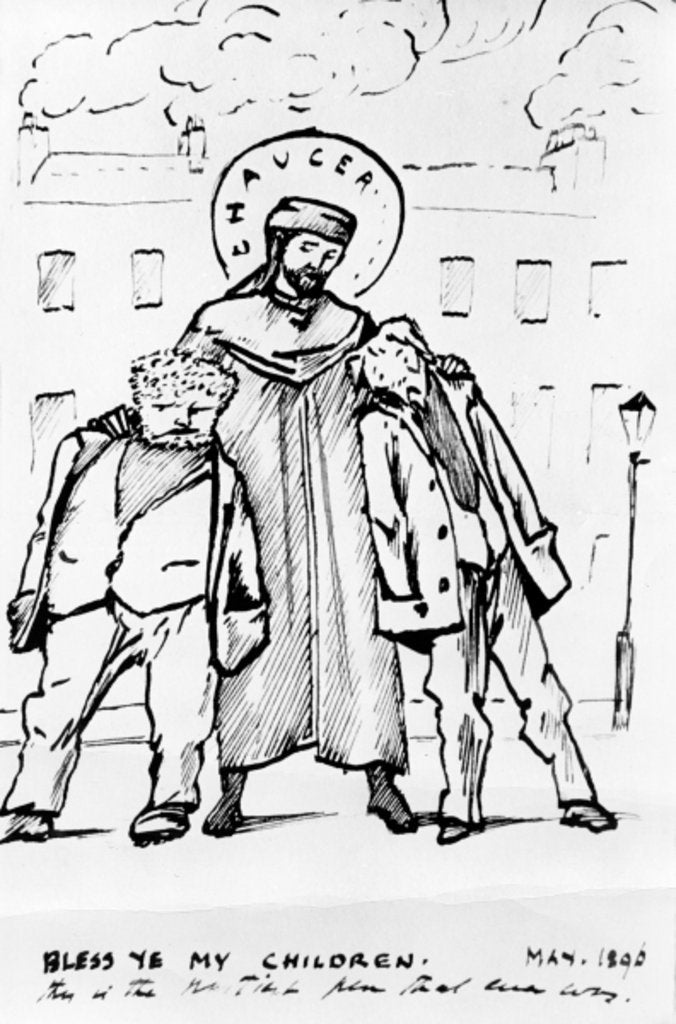 Detail of William Morris and Edward Burne-Jones being blessed by Chaucer, cartoon, 1896 by Edward Coley Burne-Jones