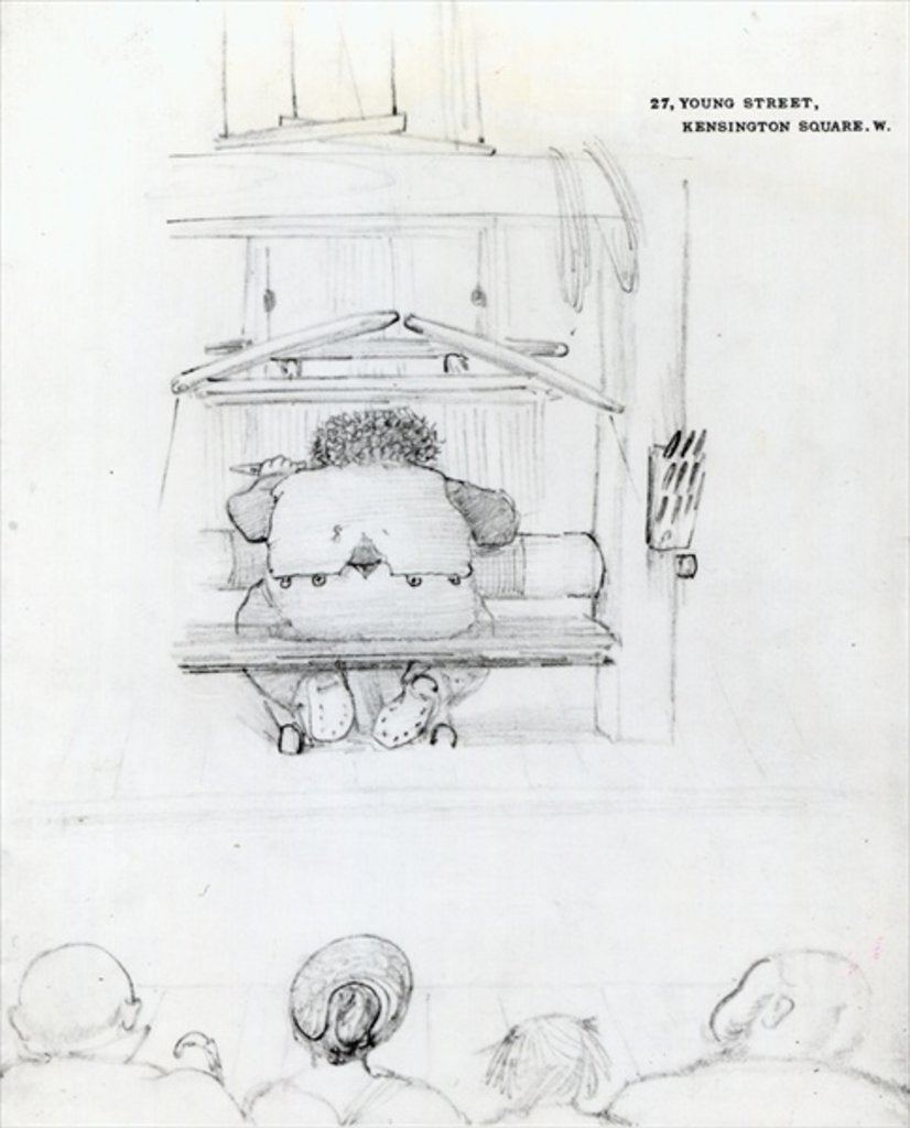 Detail of William Morris at his loom, caricature by Edward Coley Burne-Jones