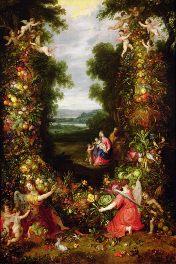 Detail of Holy Family in a landscape with a garland of fruit and vegetables by J. & Avont P. van Brueghel