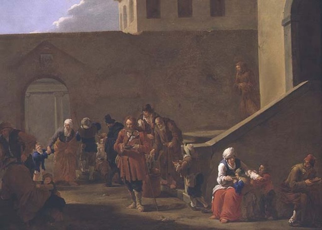 Detail of Street scene with monks distributing food to the poor by Andries Both