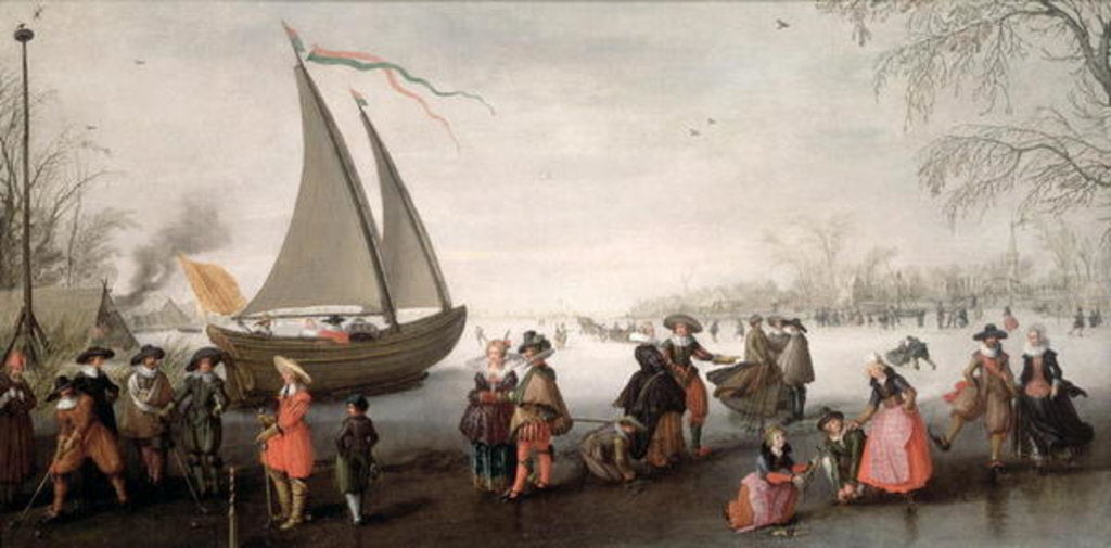 Detail of Skaters and a golf party on the ice by David Vinckboons