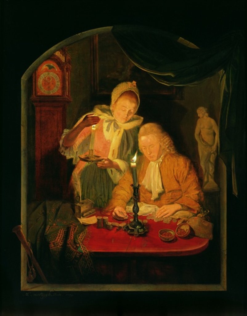 Detail of Couple counting money by candlelight, 1779 by Michiel Versteegh