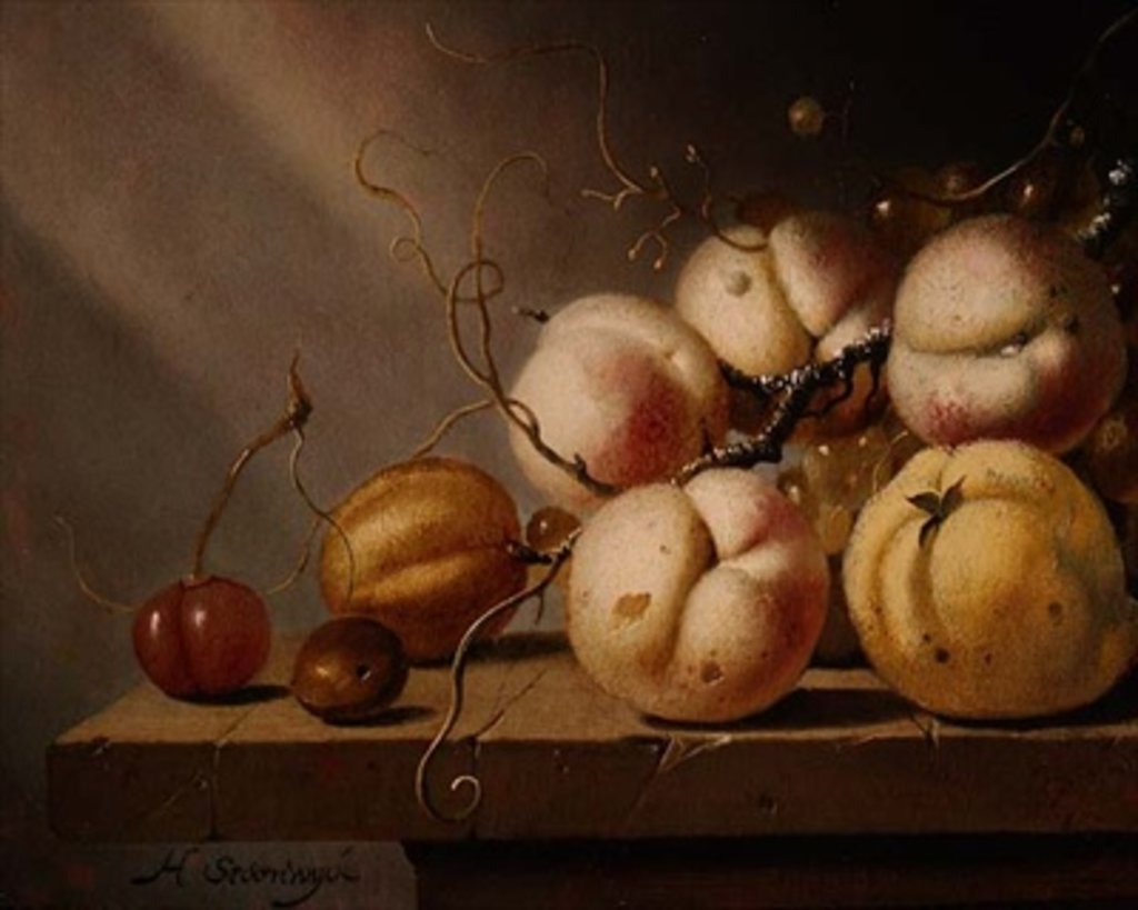 Detail of Still life of fruit on a ledge by Harmen van Steenwyck