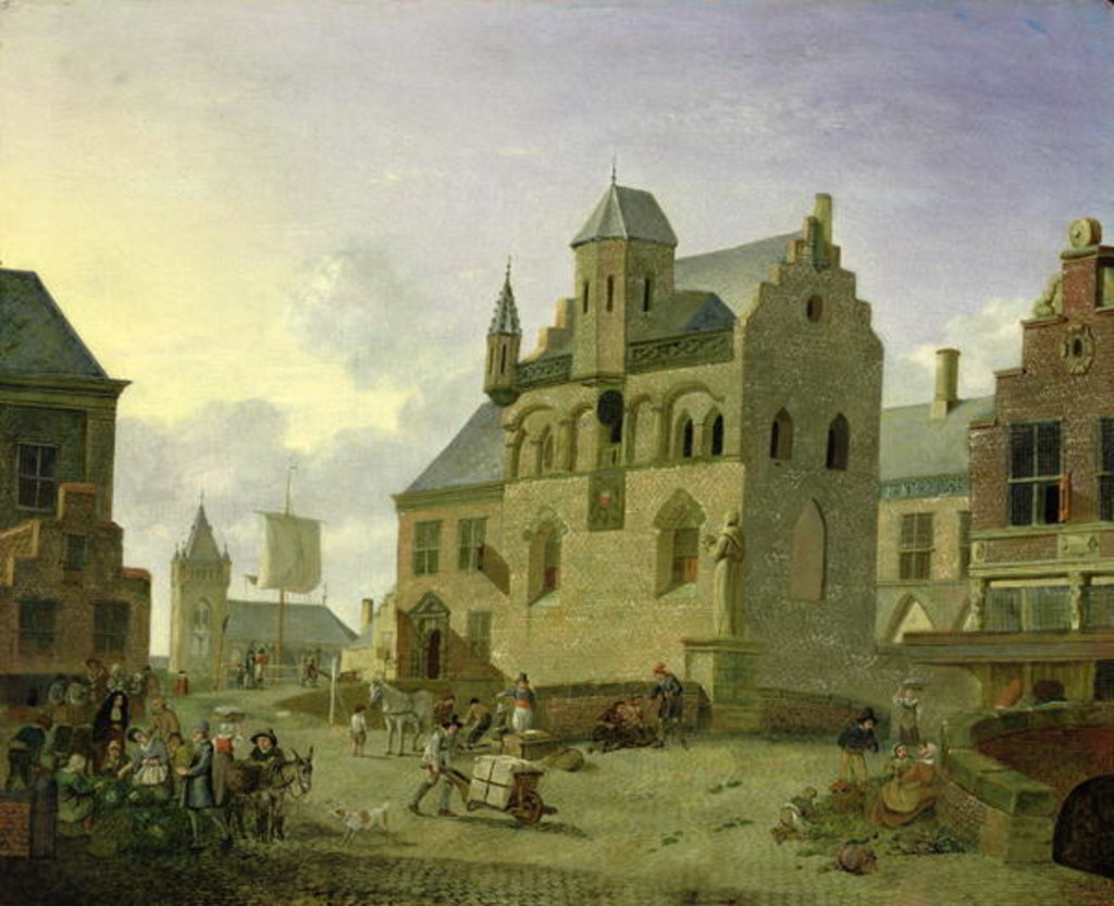 Detail of Town square with figures and peasants trading in a market place by Johannes Huibert Prins