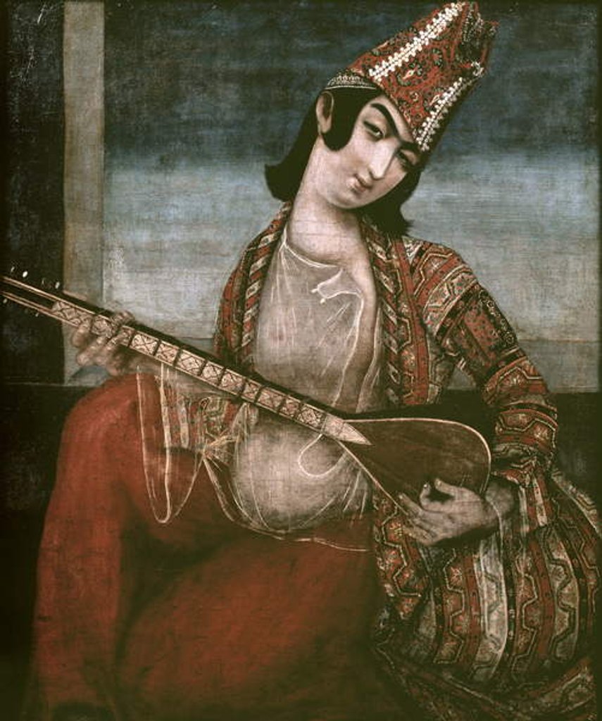 Detail of Young Woman Playing a Guitar by Iranian School