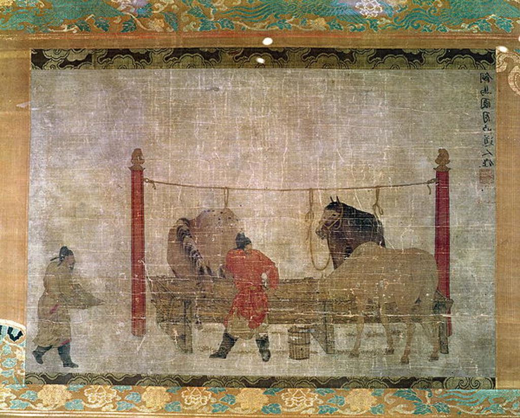 Detail of Hanging, depicting grooms feeding horses by Anonymous