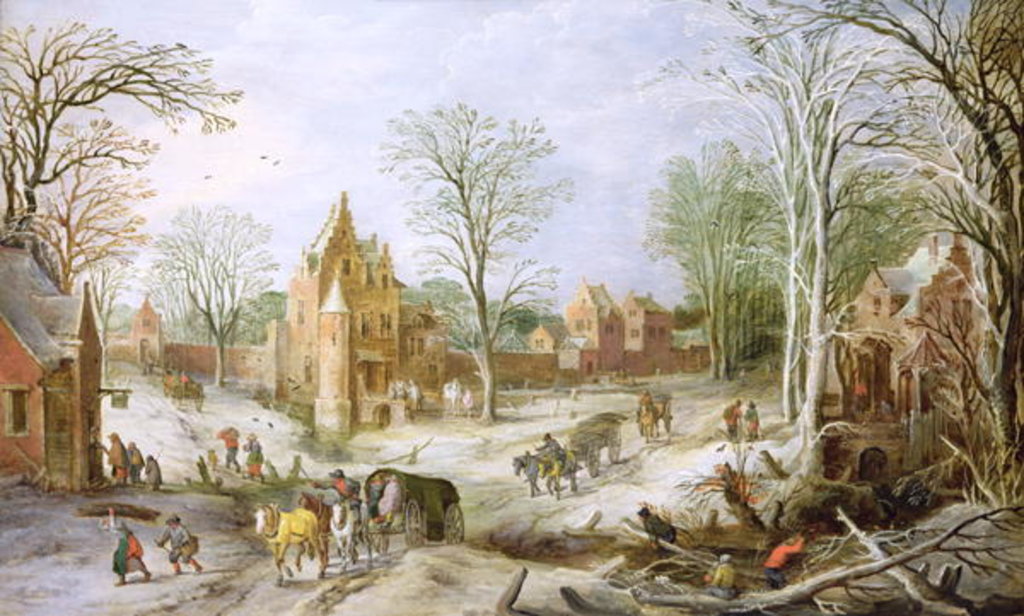 Detail of A wooded winter landscape with a cart by J. & Momper J. de Brueghel