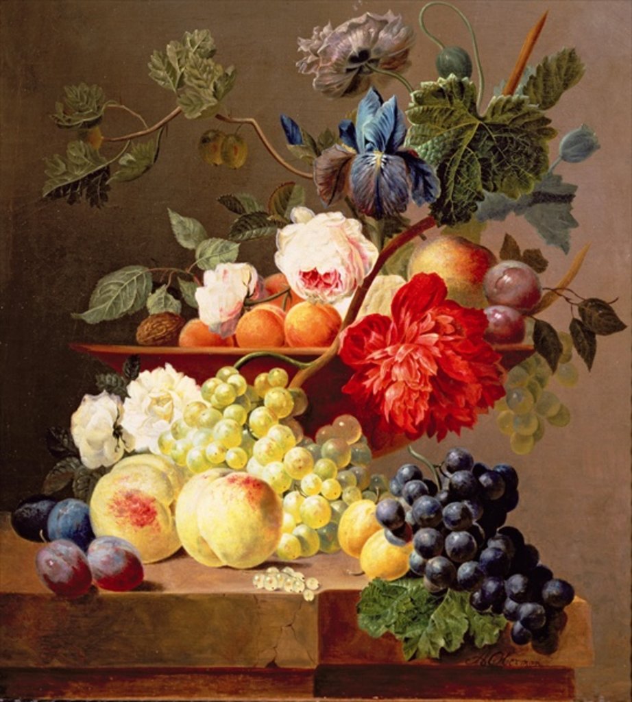 Detail of Still life with fruit and flowers by Anthony Obermann