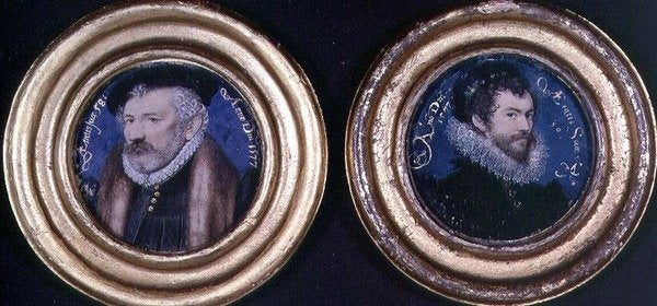 Detail of LtoR:Richard Hilliard the artist's father, c.1577, and Self Portrait, 1577 by Nicholas Hilliard
