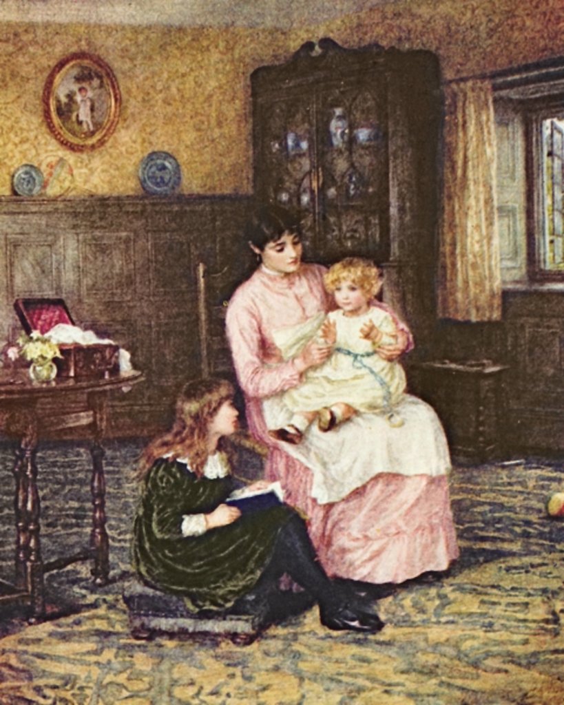 Detail of Mother playing with children in an interior by Helen Allingham